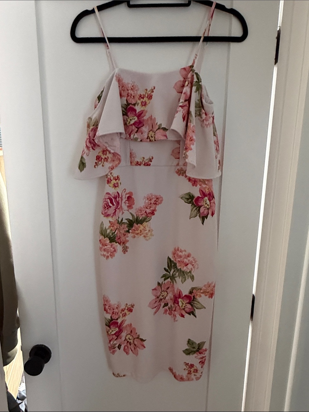 Romantic Blush Pink Floral Midi Dress with Ruffle Bodice